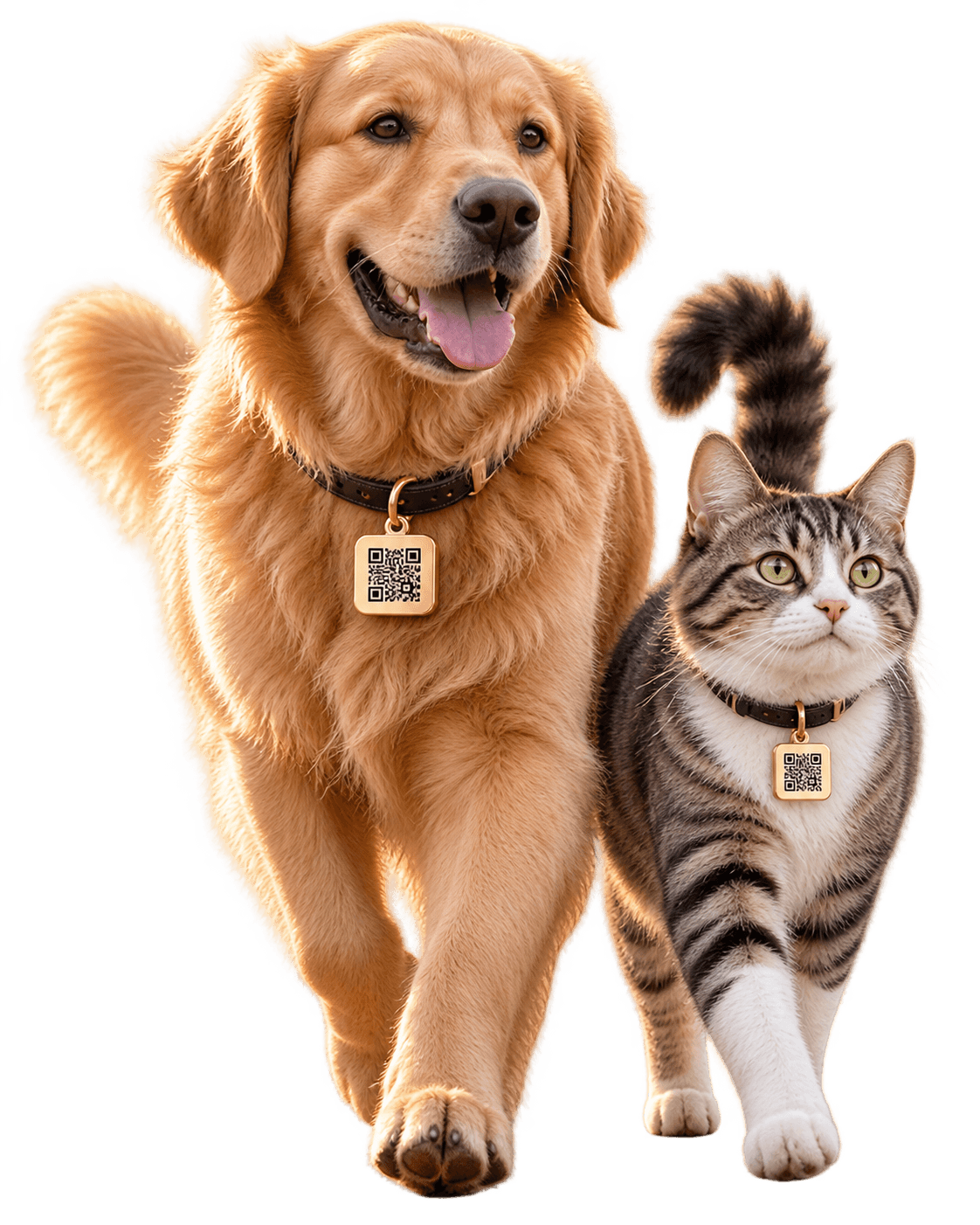 Un golden retriever y un gato caminando juntos, tranquilos, con su placa QR visible en el collar.