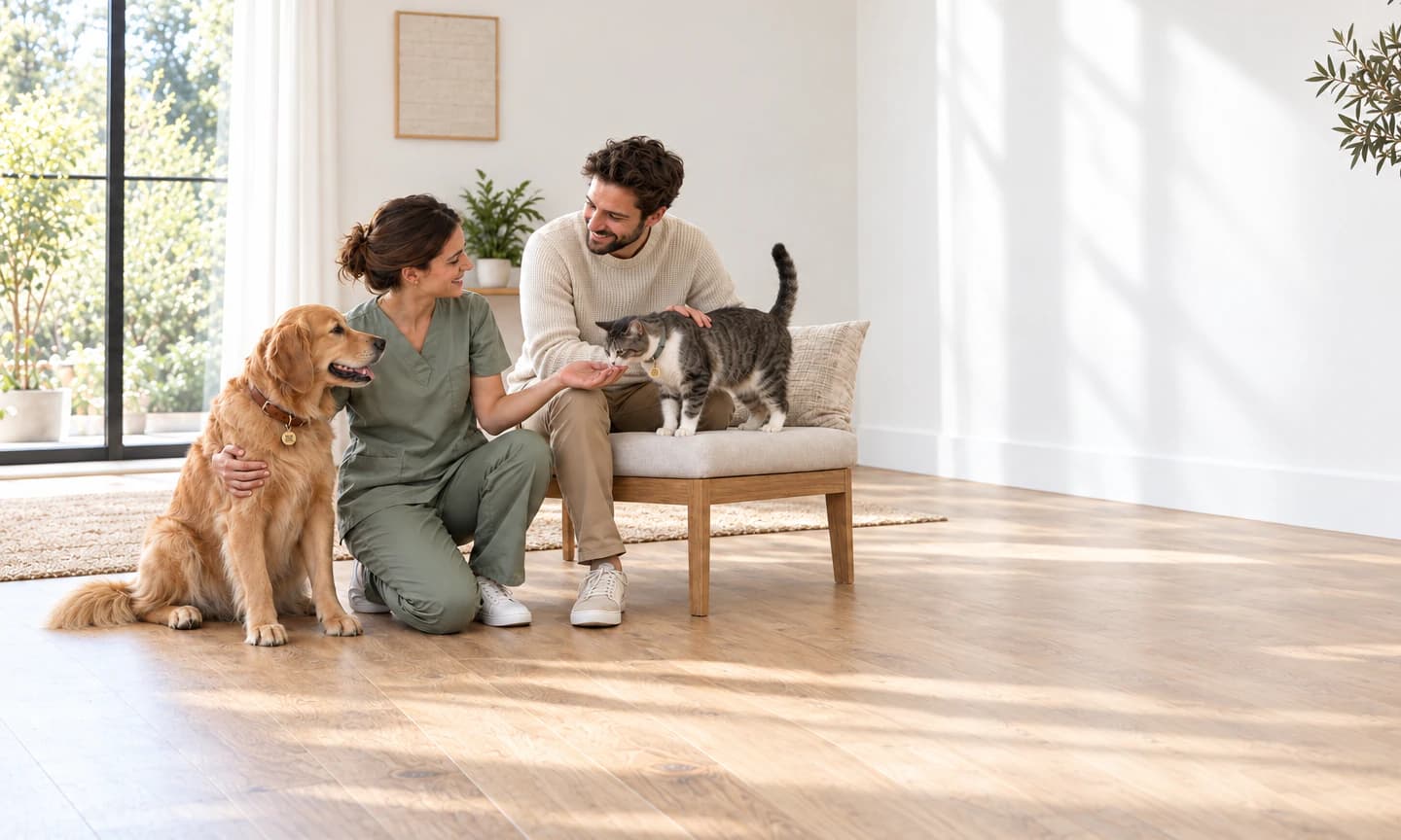En un estudio de bienestar para mascotas, una profesional con uniforme verde salvia, arrodillada, abraza a Milo, un golden retriever, y le ofrece la mano a un gato atigrado que la olfatea mientras su tutor, sentado en la banca, lo acaricia y conversa con ella; ambas mascotas llevan un pequeño tag dorado con código QR.