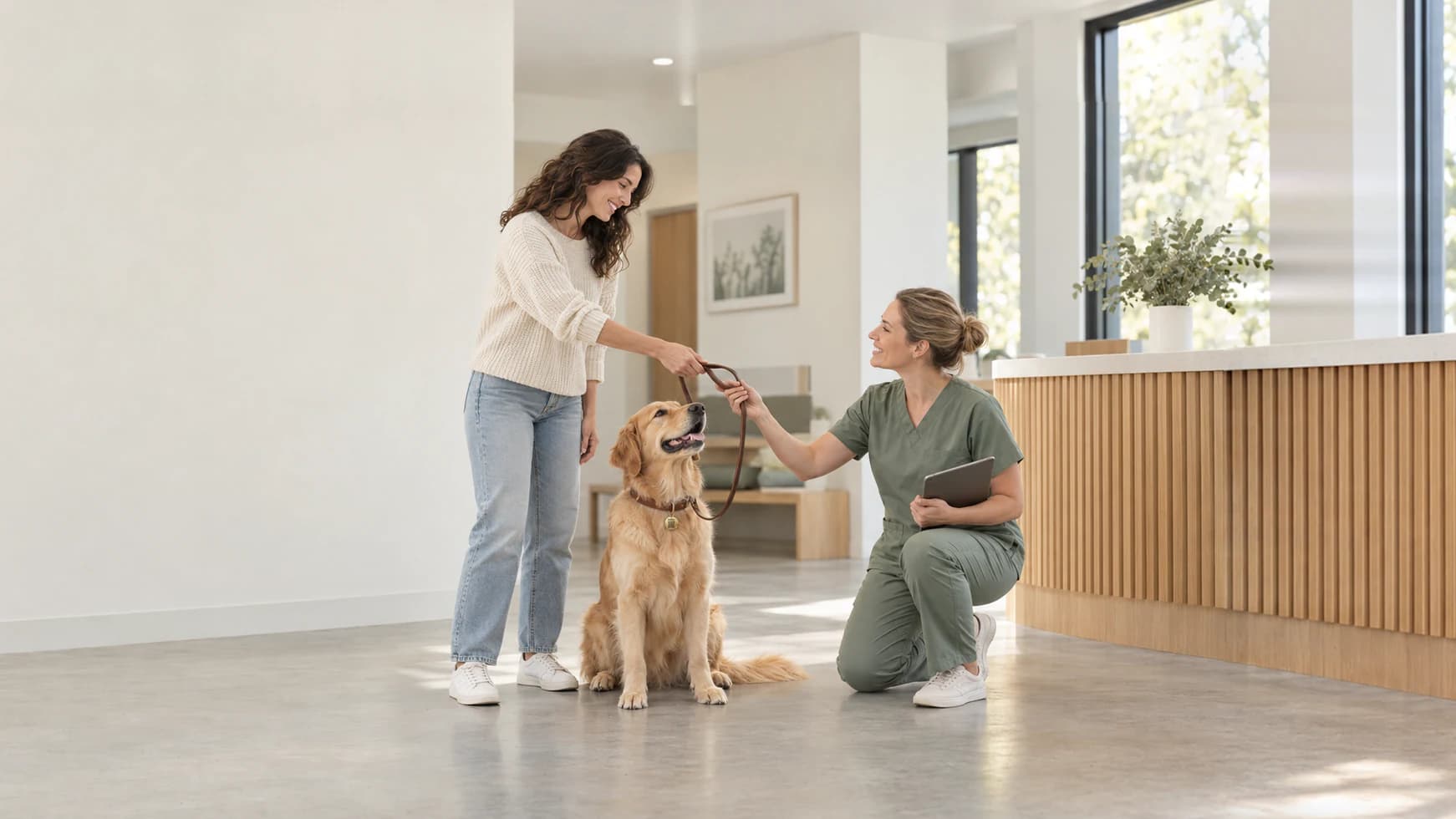 Una tutora entrega la correa de Milo, un golden retriever sentado con su placa Pelushow en el collar, a una profesional en uniforme verde salvia que se arrodilla a su altura con una tableta, en la recepción luminosa de una veterinaria.
