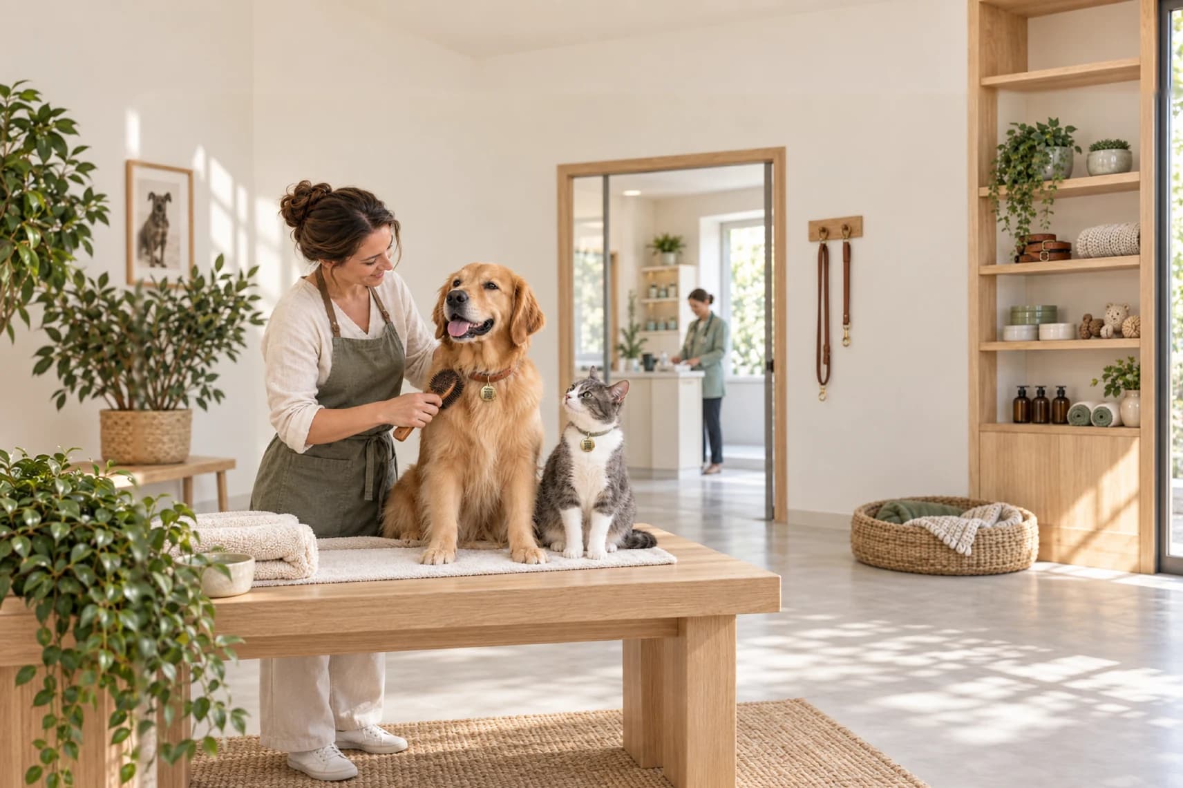 Una profesional cepilla a Milo, un golden retriever, junto a un gato gris y blanco, ambos con su placa PeluShow ID; al fondo, una veterinaria, una vitrina de accesorios, correas y una cama para mascotas en un espacio de cuidado cálido.