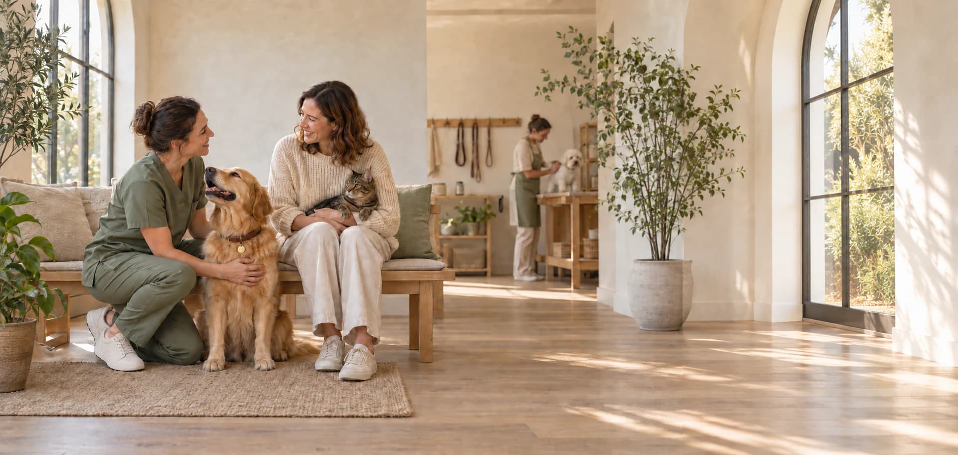 En una casa de cuidado cálida y luminosa, una profesional con uniforme verde salvia, arrodillada junto a un golden retriever, le apoya la mano en el pecho mientras conversa con una tutora sentada en un banco de roble que sostiene en brazos a un gato atigrado; al fondo, otra profesional cepilla a un perro pequeño junto a un riel de correas.