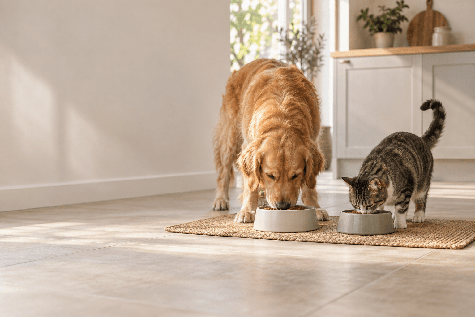 Perro golden retriever con su placa PeluShow y gato comiendo juntos de sus platos en una cocina hogareña luminosa