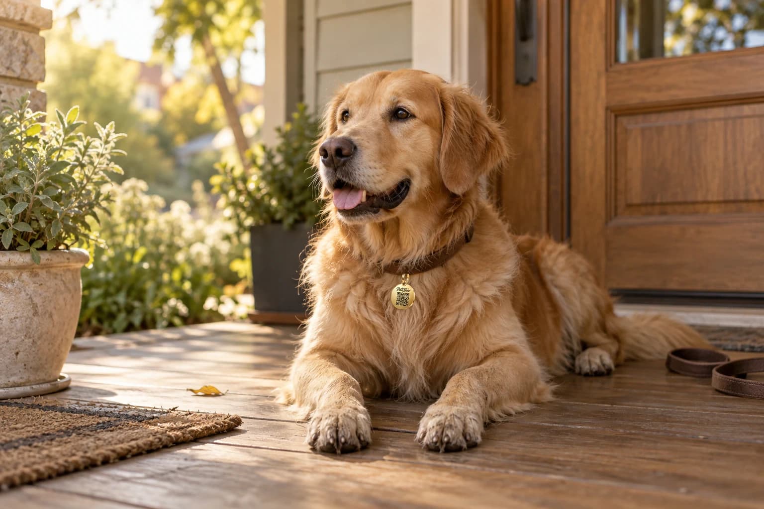 Milo, un golden retriever con su placa PeluShow en el collar, descansa tranquilo en la entrada de casa al volver de su paseo.