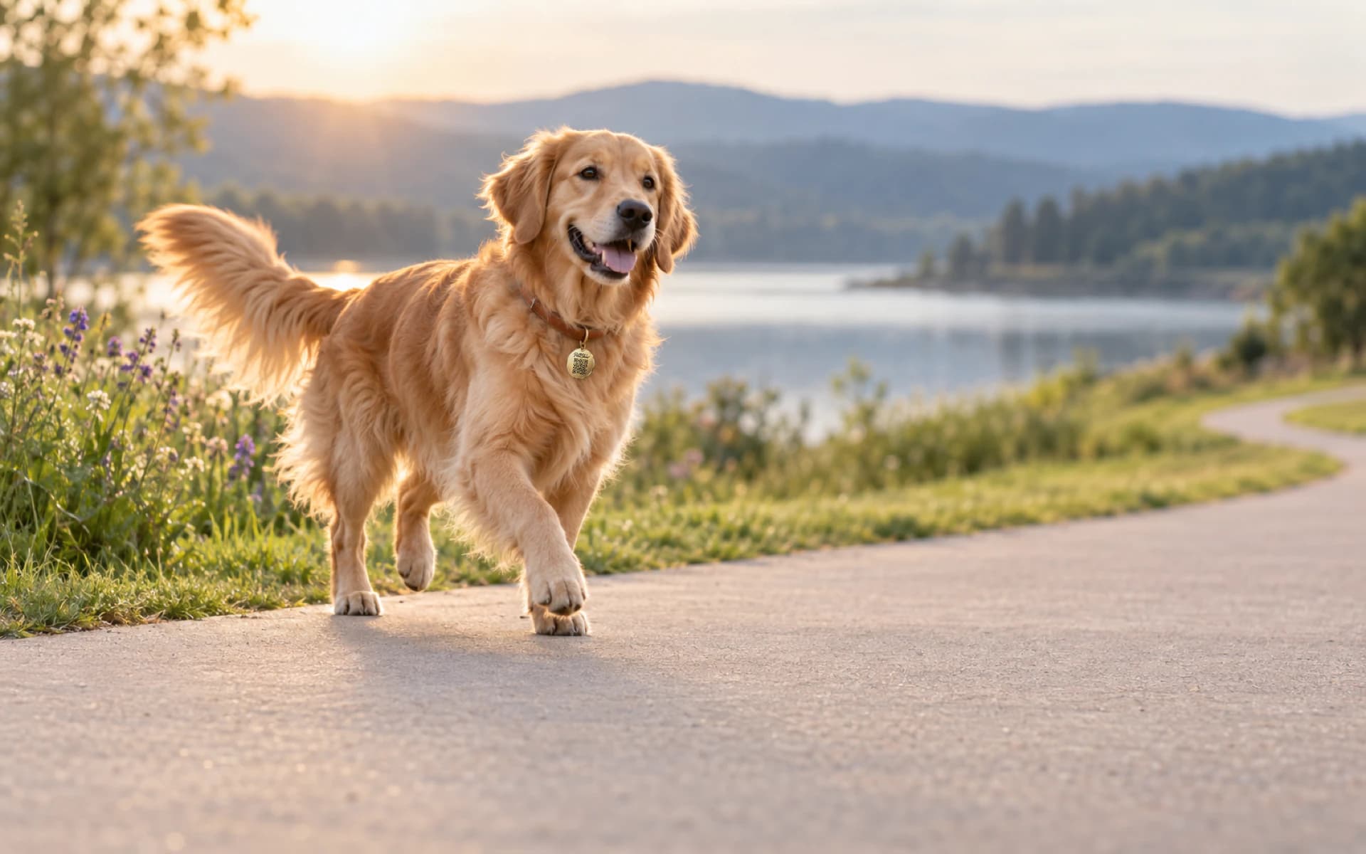 Milo, un golden retriever con su placa PeluShow en el collar, trotando feliz por un sendero junto a un lago al atardecer
