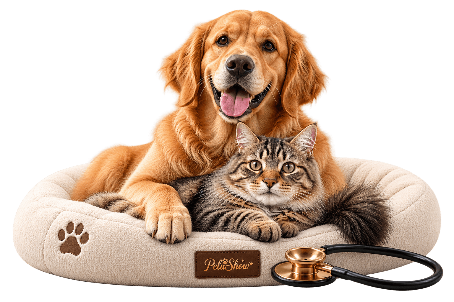 Golden Retriever y gato en su cama, con un estetoscopio, representando el bienestar de la mascota