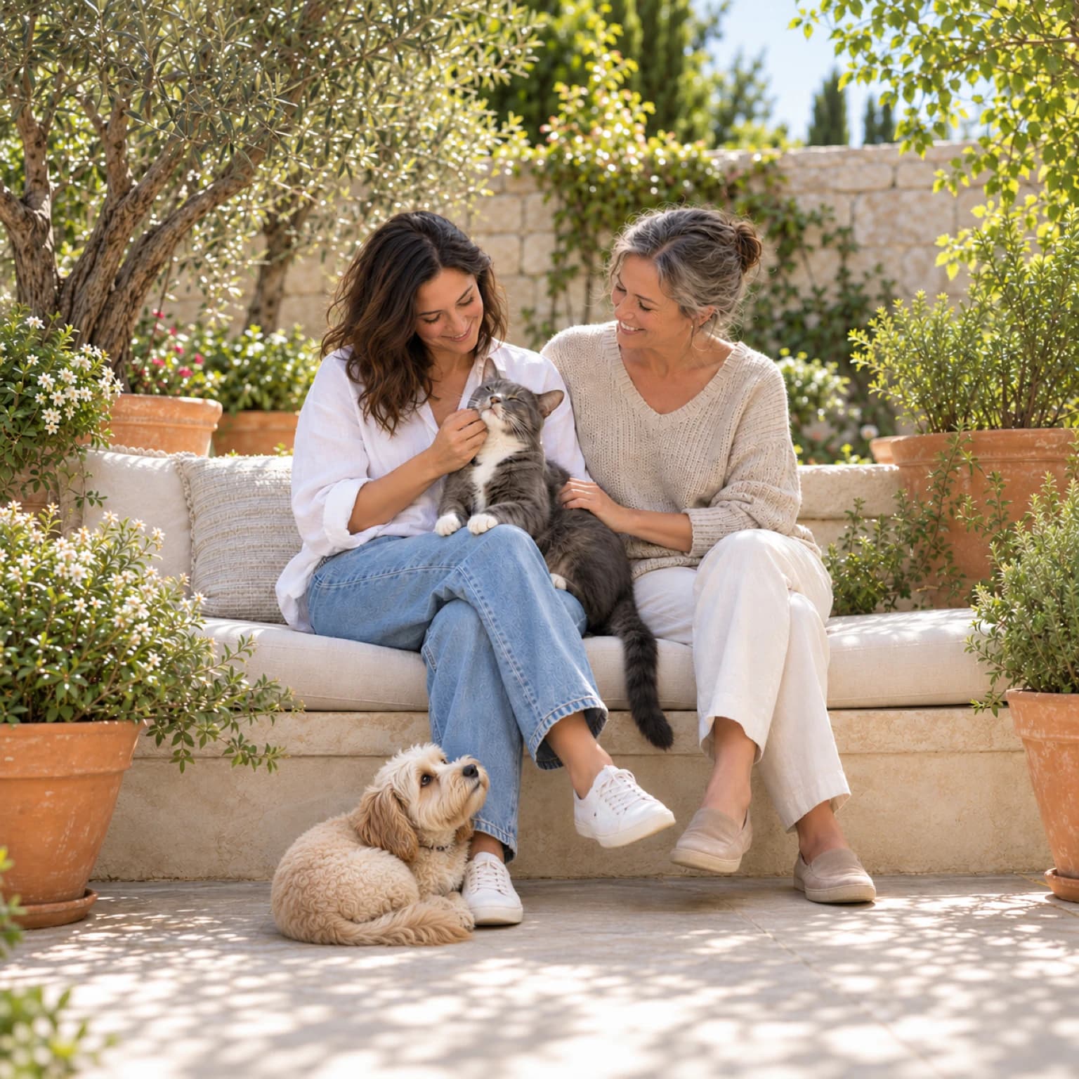 En un jardín soleado, una gata gris y blanca adulta se acomoda en el regazo de una mujer y cierra los ojos mientras ella le acaricia la barbilla; a su lado, su cuidadora la acompaña sonriendo, y a sus pies un perrito color crema, enroscado, levanta la mirada hacia la gata.