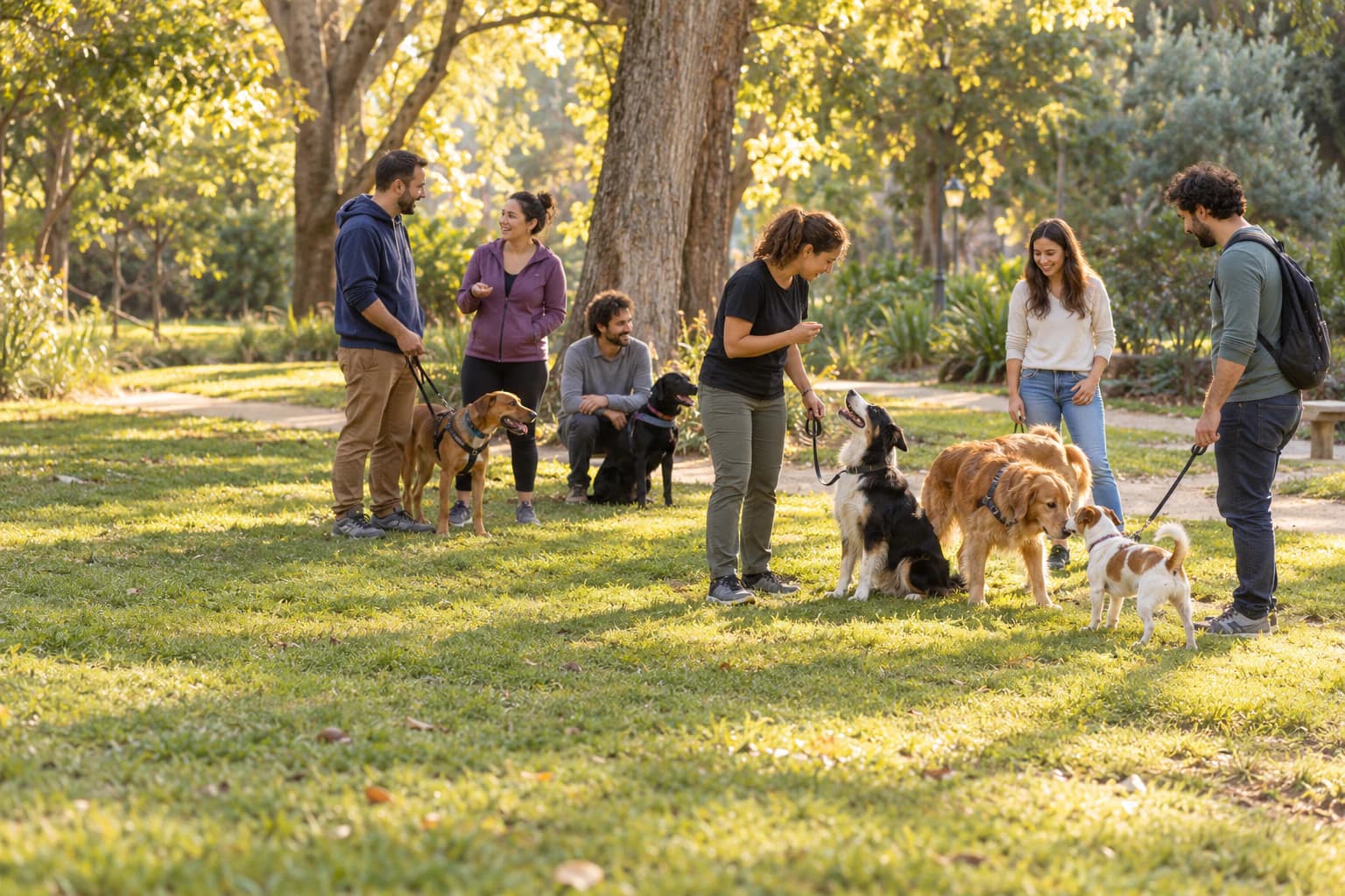 Un encuentro de tutores y perros en un parque al atardecer: una anfitriona se agacha hacia un perro blanco y negro que la mira atento, dos tutoras conversan, un Golden Retriever y un pequeño terrier se olfatean, un joven llega con su perro y otro tutor descansa junto a un labrador negro.