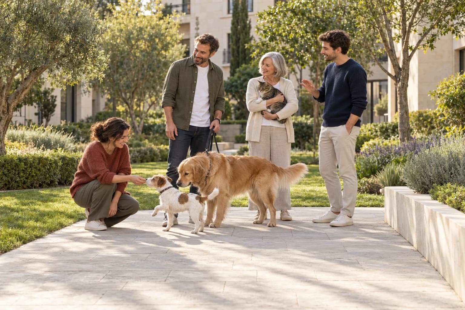 En el jardín compartido de un edificio residencial, por la tarde, una mujer se agacha sobre el camino de piedra para saludar a un pequeño terrier blanco y canela que se encuentra hocico con hocico con un Golden Retriever; el hombre que lleva la correa del Golden le habla sonriendo, una vecina mayor sostiene en brazos a su gata atigrada y un joven se acerca saludando con la mano.