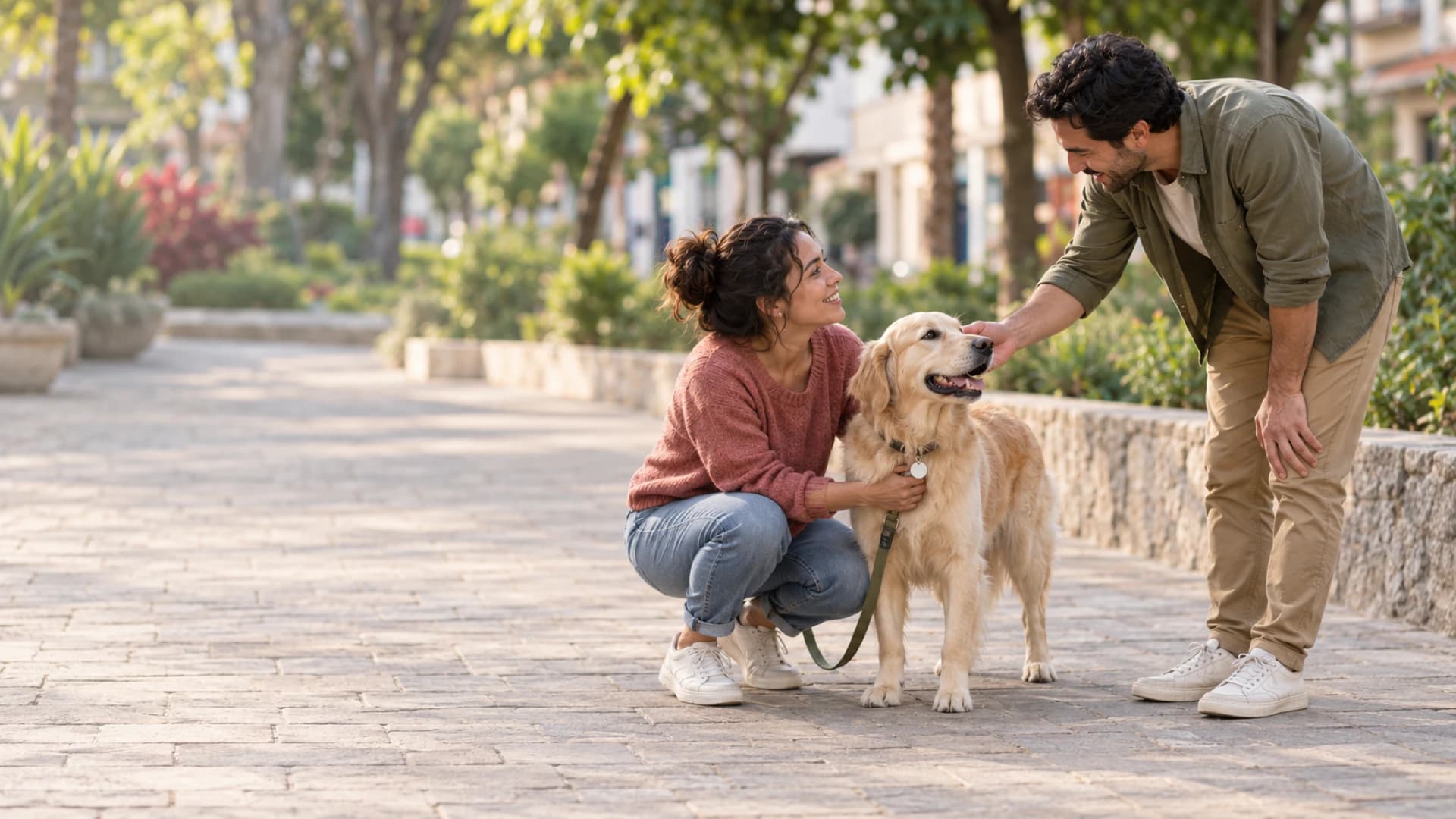 En una calle arbolada del barrio, una vecina agachada sostiene la correa de un golden retriever y lo mantiene tranquilo mientras un hombre, sonriente, se inclina para acariciarlo.