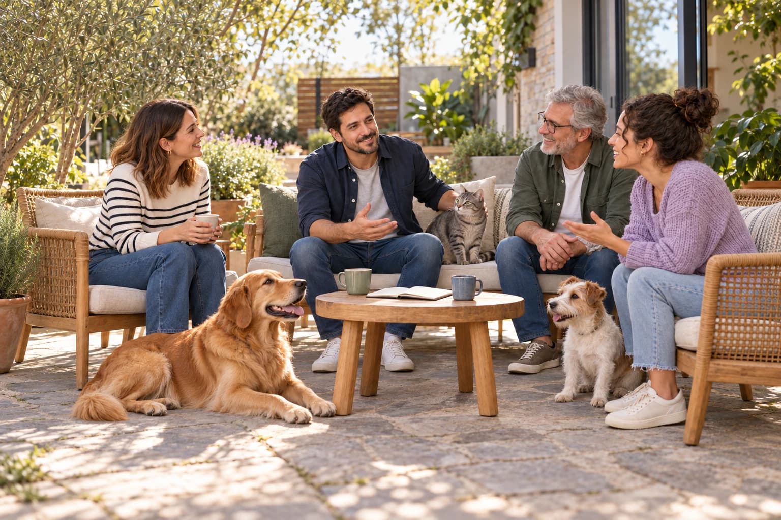 En la terraza de un jardín, Tomás de Patas conversa con cuatro tutores alrededor de una mesa baja con tazas y una libreta; mientras explica algo con la mano abierta acaricia a un gato atigrado, y a sus pies descansan un Golden Retriever y un pequeño terrier.