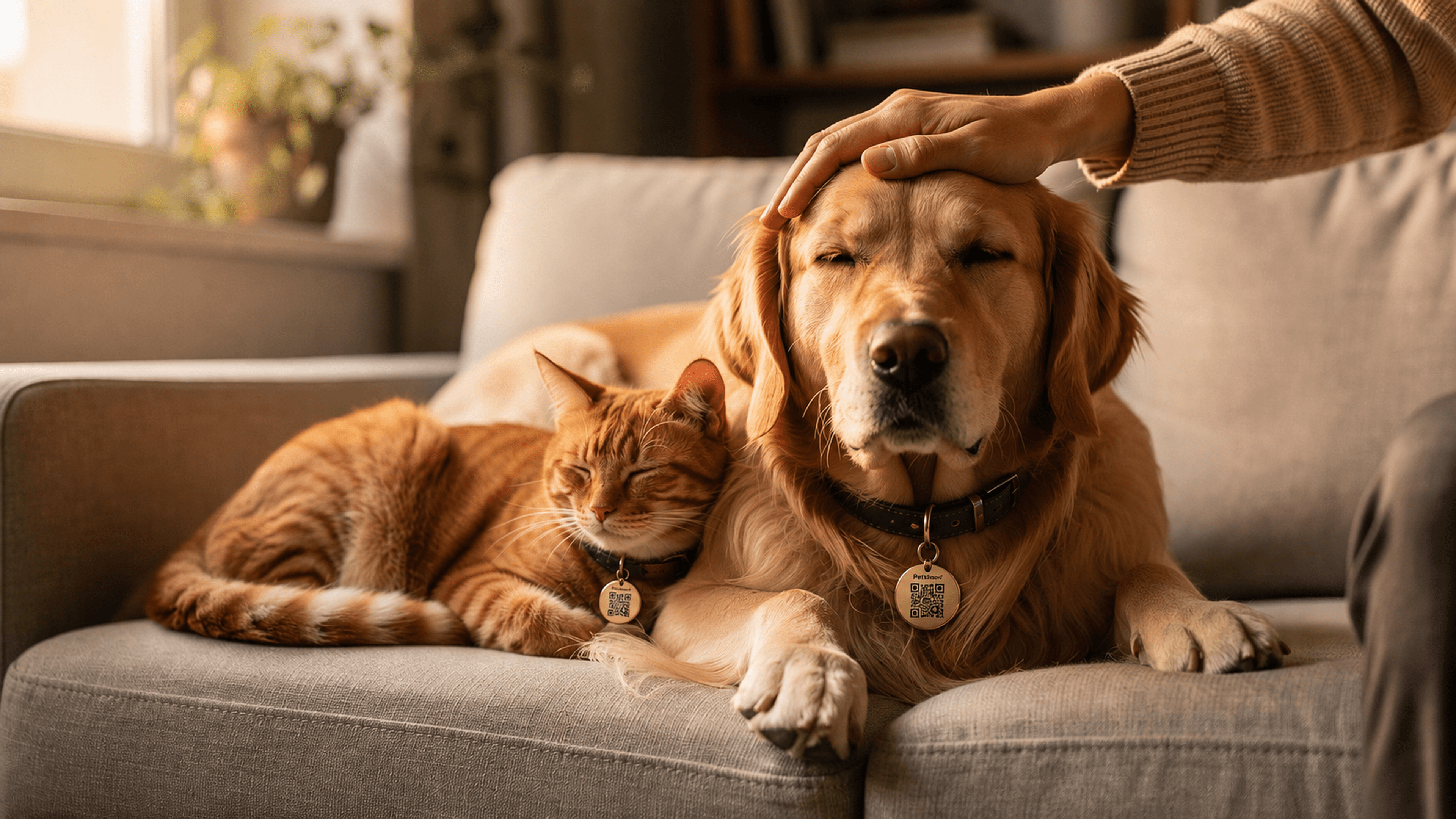 Un perro y un gato descansan juntos en un sofá mientras su familia los acaricia; ambos llevan su placa PeluShow con QR.
