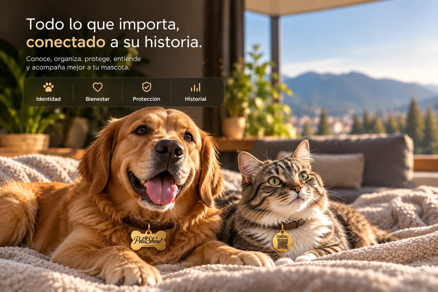 Un golden retriever sonriente y un gato atigrado descansan juntos en casa junto a un ventanal con montañas, cada uno con su placa PeluShow en el collar.