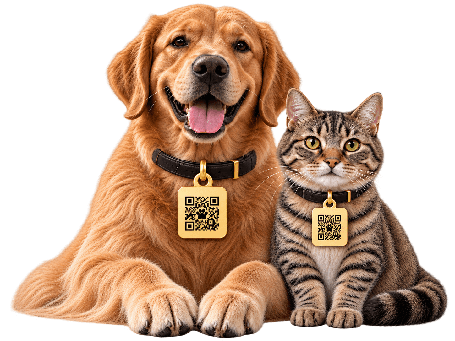 Un perro y un gato, las dos mascotas de la familia PeluShow, con su placa QR visible.