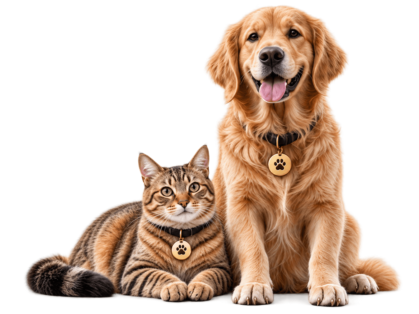 Un golden retriever y un gato, sentados juntos, con su placa QR visible en el collar.