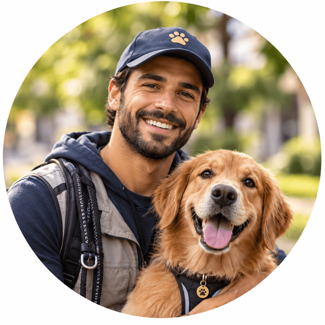 Un paseador cuidando a un golden retriever