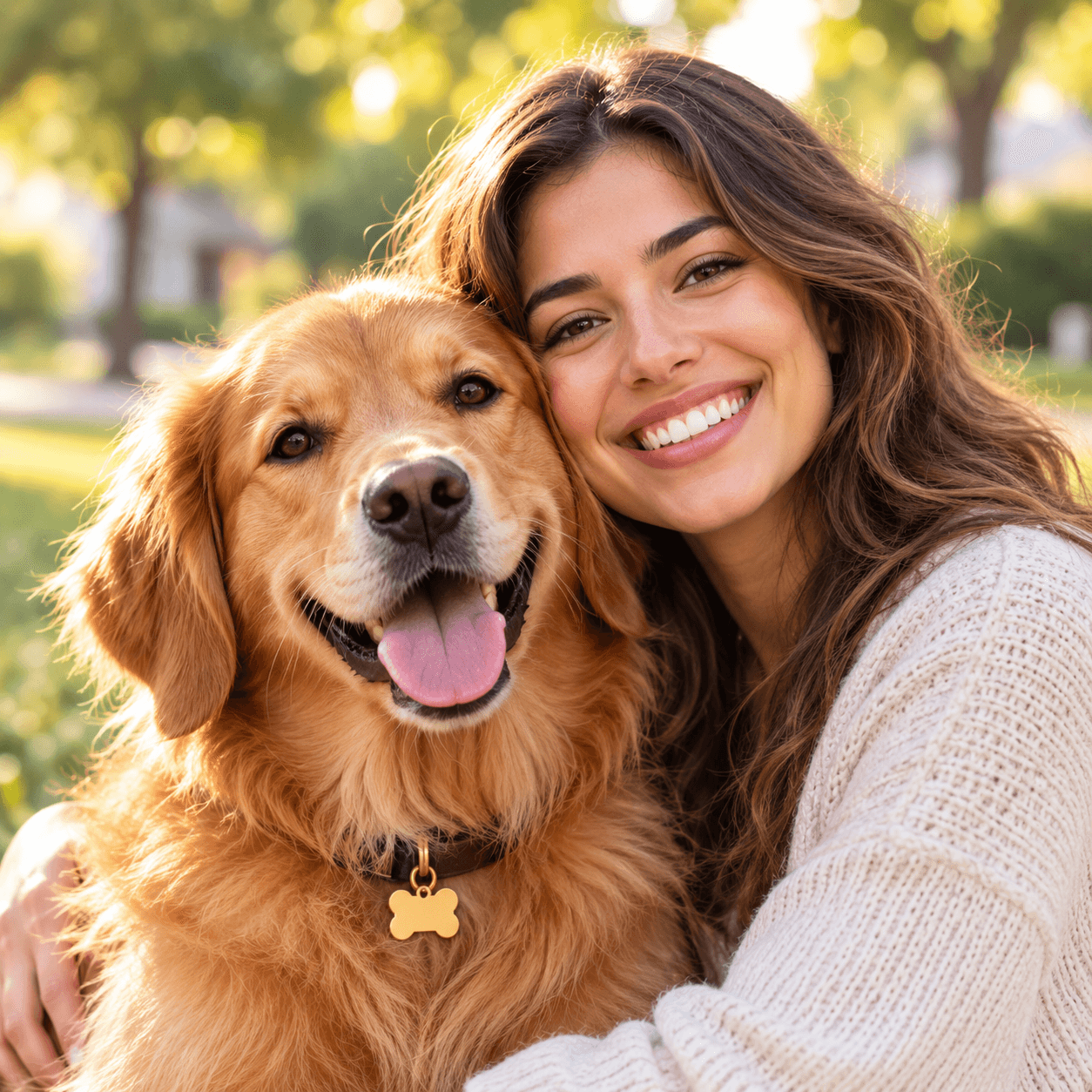 Una vecina abrazando a un golden retriever que cuida