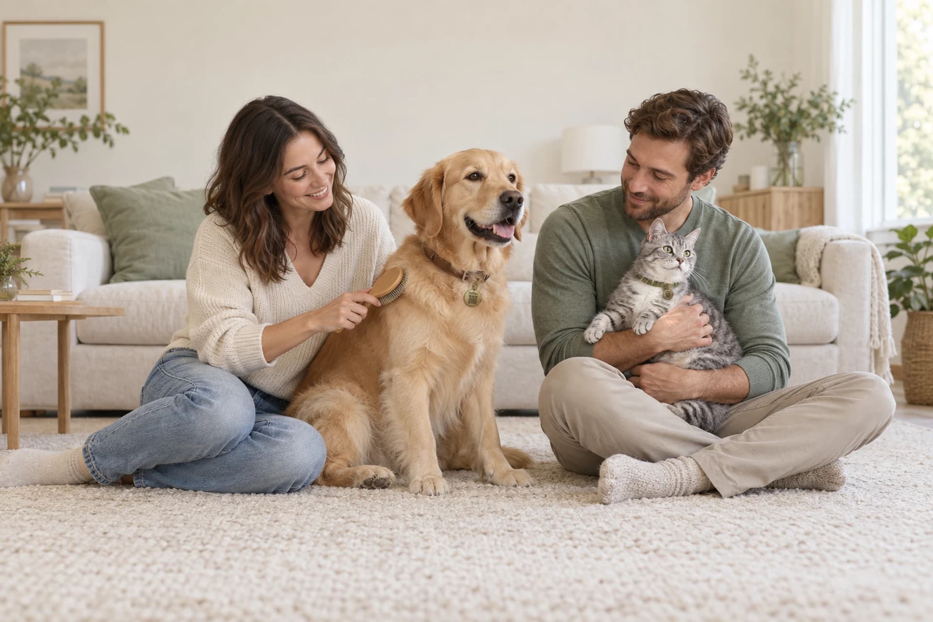 Una mujer cepilla con calma a Milo, un golden retriever con su placa PeluShow ID en el collar, mientras un hombre sostiene a su gato atigrado, que también lleva su placa PeluShow ID, en la sala luminosa de su hogar.