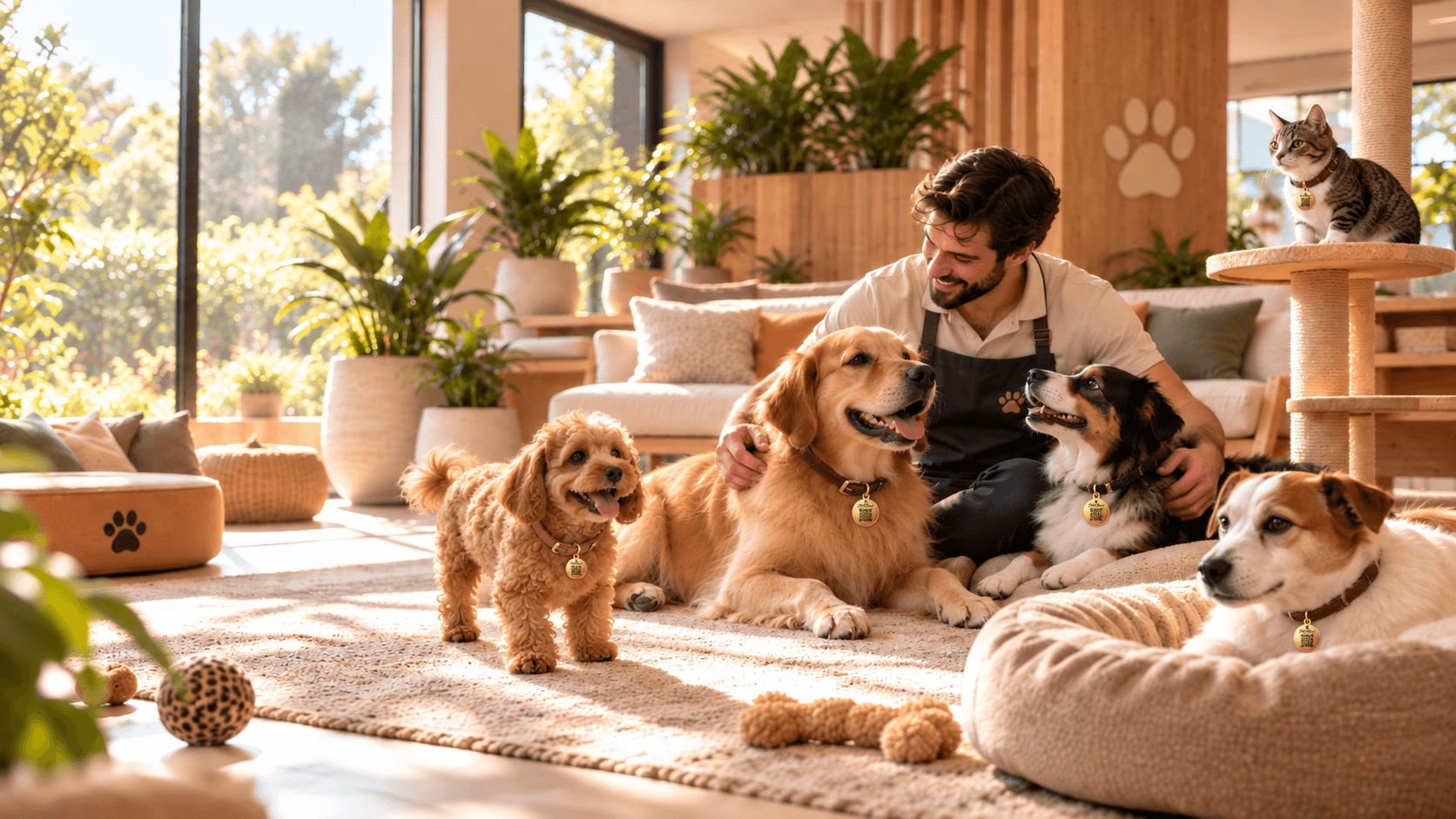 Un cuidador sonríe sentado en la alfombra de un salón luminoso de guardería para mascotas, junto a un golden retriever, un perrito de pelo rizado y un perro tricolor; a la derecha descansa un Jack Russell en su cama y un gato atigrado observa desde lo alto de un rascador.