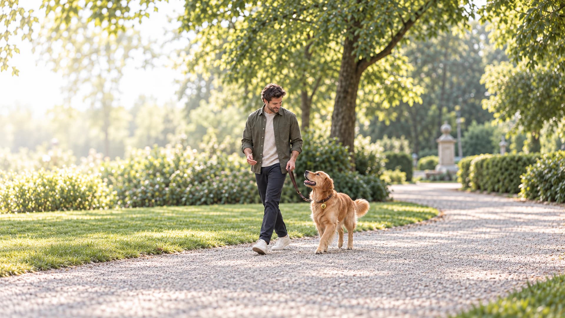 Un hombre pasea con calma por el sendero de un parque junto a Milo, un golden retriever que camina a su lado mirándolo, con su placa PeluShow ID en el collar, en una mañana luminosa.